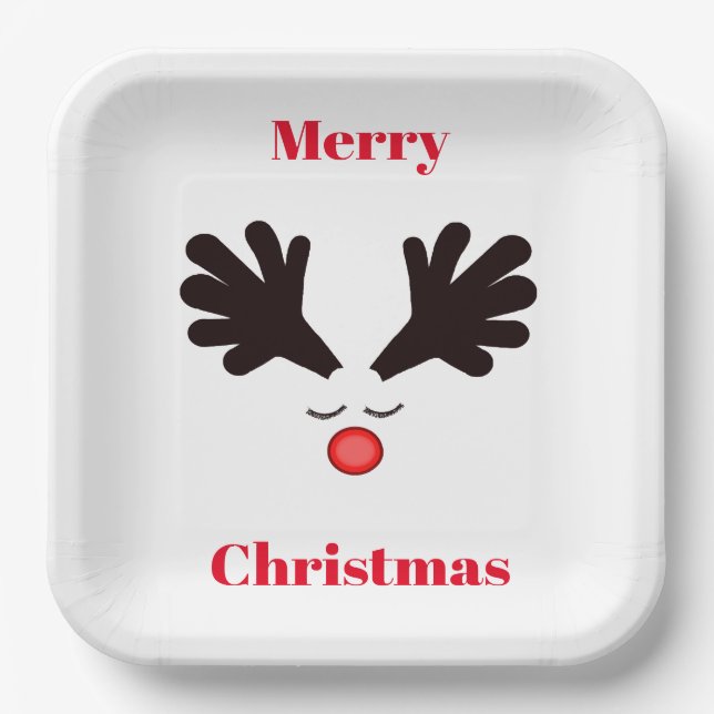 Merry Christmas Rudolph White Paper Plate (Front)