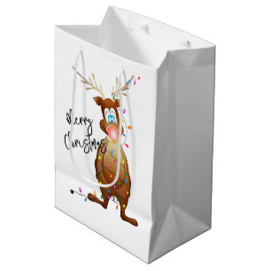 Merry Christmas Rudolph with Christmas Lights Medium Gift Bag