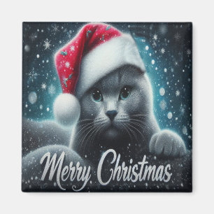 Merry Christmas Russian blue Cat, Xmas Santa Cat Magnet