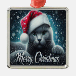 Merry Christmas Russian blue Cat, Xmas Santa Cat Metal Tree Decoration