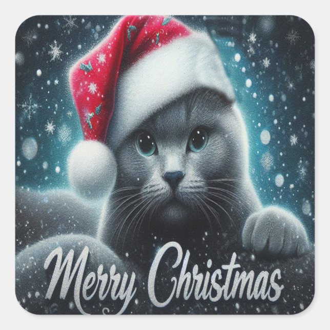 Merry Christmas Russian blue Cat, Xmas Santa Cat Square Sticker (Front)