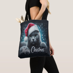 Merry Christmas Russian blue Cat, Xmas Santa Cat Tote Bag