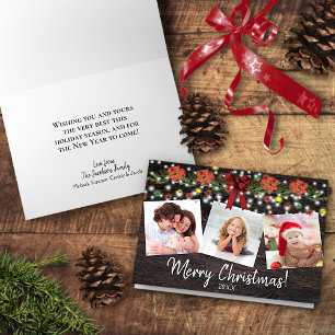 Merry Christmas Rustic 3 Photo Garland & Lights Holiday Card