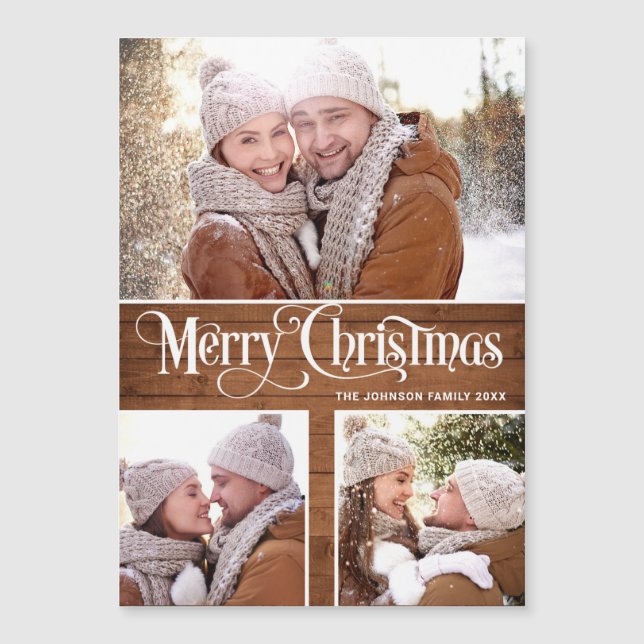 Merry Christmas Rustic 3 PHOTO Magnetic Card (Front)