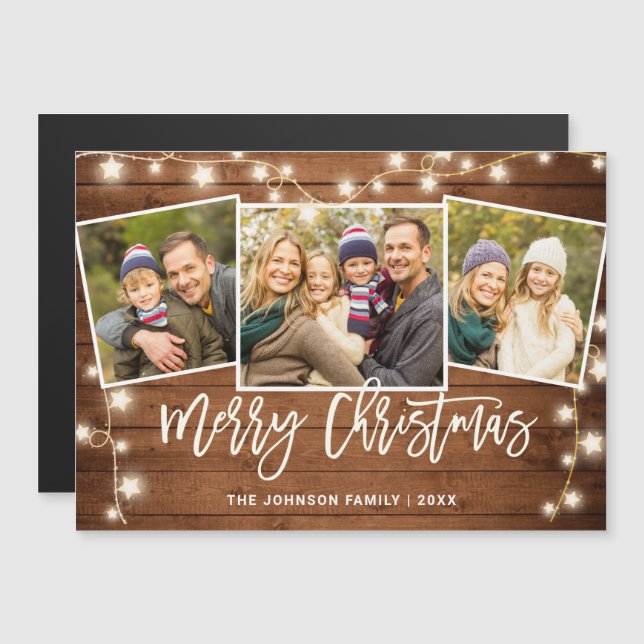 Merry Christmas Rustic  3 PHOTO Magnetic Card (Front/Back)