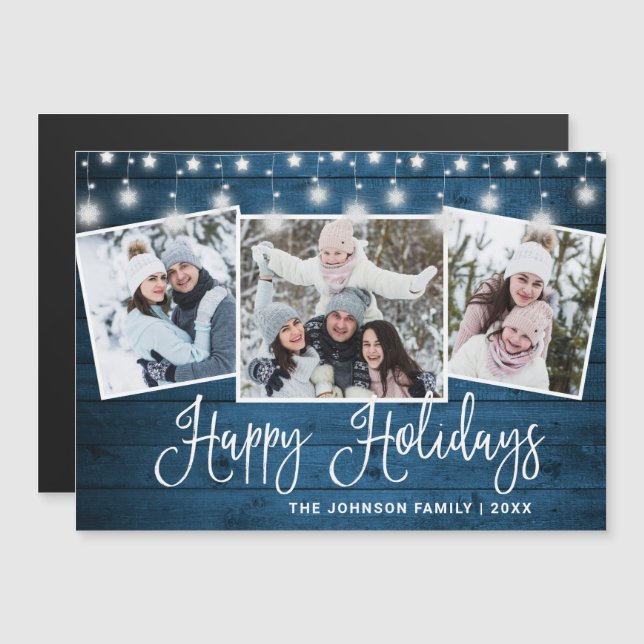 Merry Christmas Rustic  3 PHOTO Magnetic Card (Front/Back)
