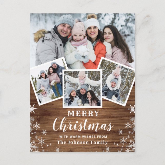 Merry Christmas Rustic 4 PHOTO Collage Greeting Postcard (Front)