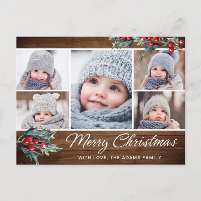 Merry Christmas Rustic 5 PHOTO Collage Greeting Postcard (Front)