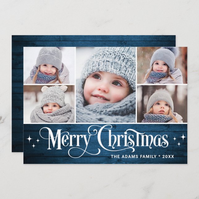 Merry Christmas Rustic 5 PHOTO Greeting Holiday Card (Front/Back)