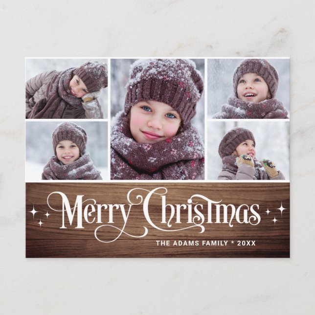 Merry Christmas Rustic 5 PHOTO Greeting Holiday Postcard (Front)