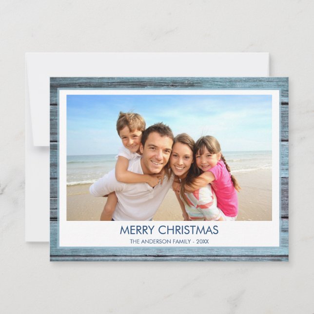 MERRY CHRISTMAS RUSTIC BEACH WOOD PHOTO HOLIDAY CARD (Front)
