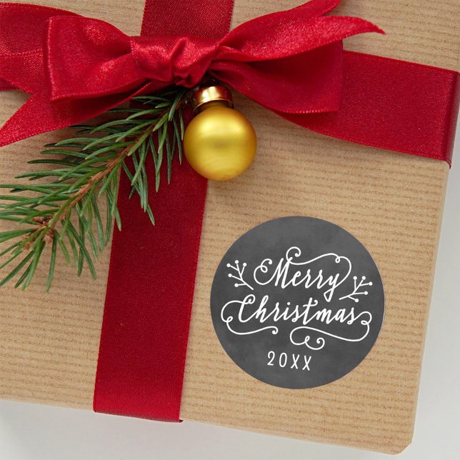 Merry Christmas Rustic Black Chalkboard Script Classic Round Sticker (Creator Uploaded)