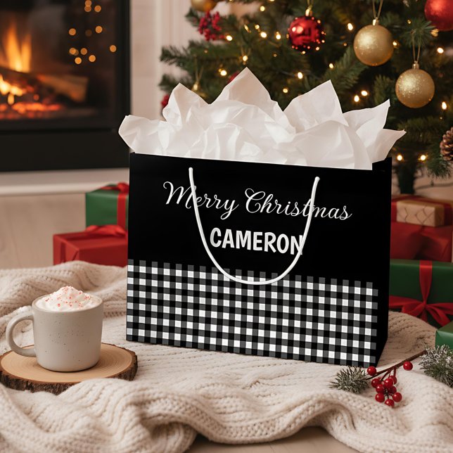 Merry Christmas Rustic Black & White Buffalo Plaid Large Gift Bag (Creator Uploaded)