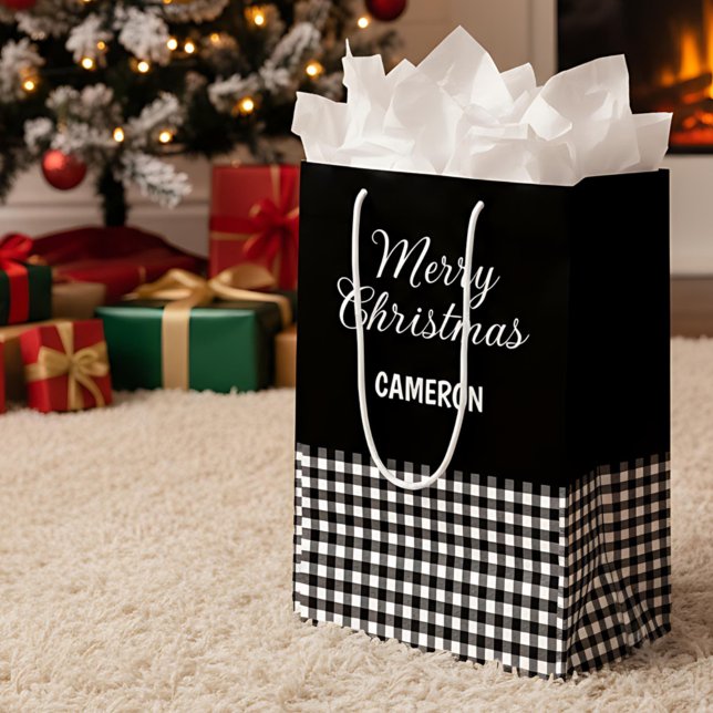 Merry Christmas Rustic Black & White Buffalo Plaid Medium Gift Bag (Creator Uploaded)