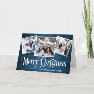 Merry Christmas Rustic Blue Wood 4 PHOTO Greeting Holiday Card
