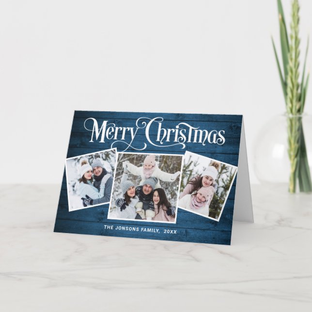 Merry Christmas Rustic Blue Wood 4 PHOTO Greeting Holiday Card (Front)
