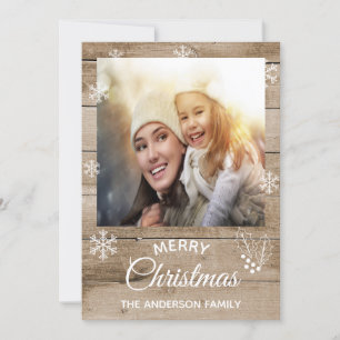 Merry Christmas rustic brown wood photo card