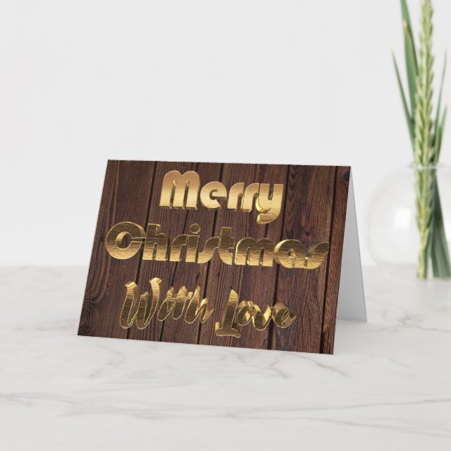 Merry Christmas Rustic Brown Wooden Fence Gold Holiday Card (Front)