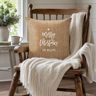 Merry Christmas Rustic Brush Script Family Name Cushion
