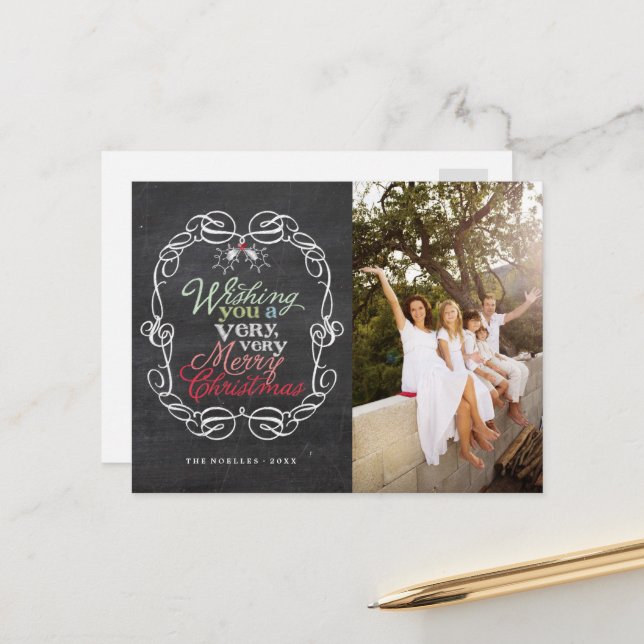 Merry Christmas Rustic Chalkboard Mistletoes Photo Holiday Postcard (Front/Back In Situ)