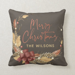 Merry Christmas Rustic Copper Photo Monogram Cushion