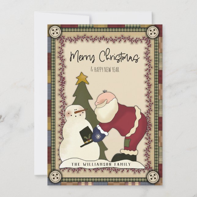 Merry Christmas Rustic Country Santa and Snowman Holiday Card (Front)