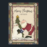 Merry Christmas Rustic Country Santa and Snowman Holiday Card<br><div class="desc">Merry Christmas Rustic Country Santa and Snowman - Rustic primitive country Santa all dressed in his Christmas best is handing his friend Frosty his top hat. Santa and Snowman are standing beside a Christmas tree. Card is framed with red berries and gingham. Card is perfect for personal or business use....</div>