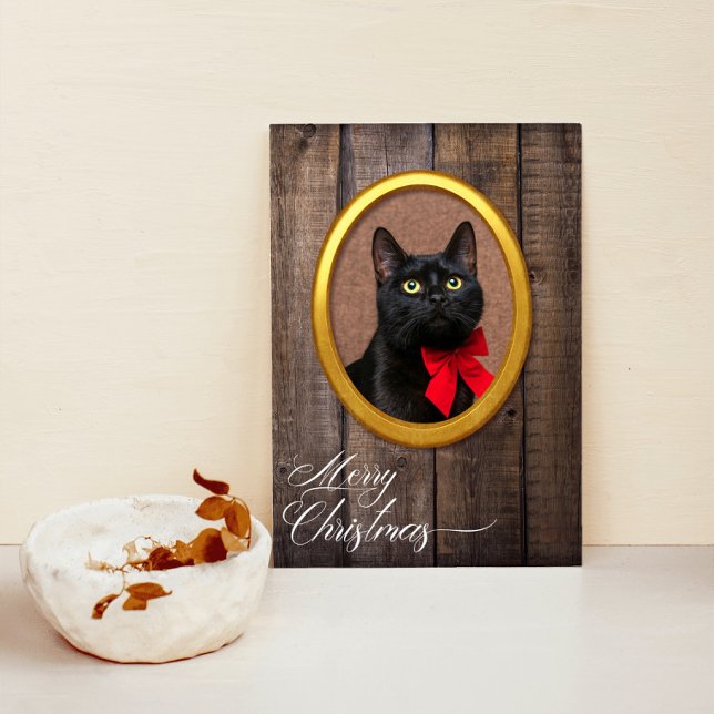 Merry Christmas Rustic Cute Golden Frame Add Photo Holiday Card (Creator Uploaded)