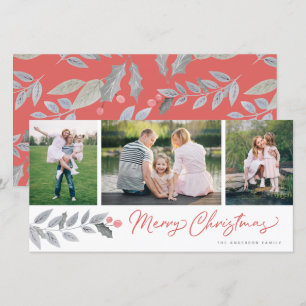 Merry Christmas Rustic Floral 3 Photo Collage Holiday Card