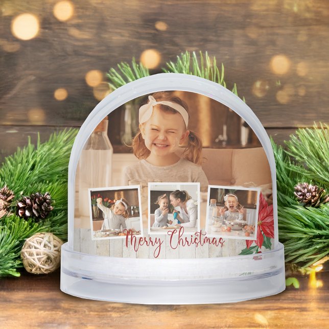 Merry Christmas Rustic Floral 4-Photo Snow Globe (Creator Uploaded)