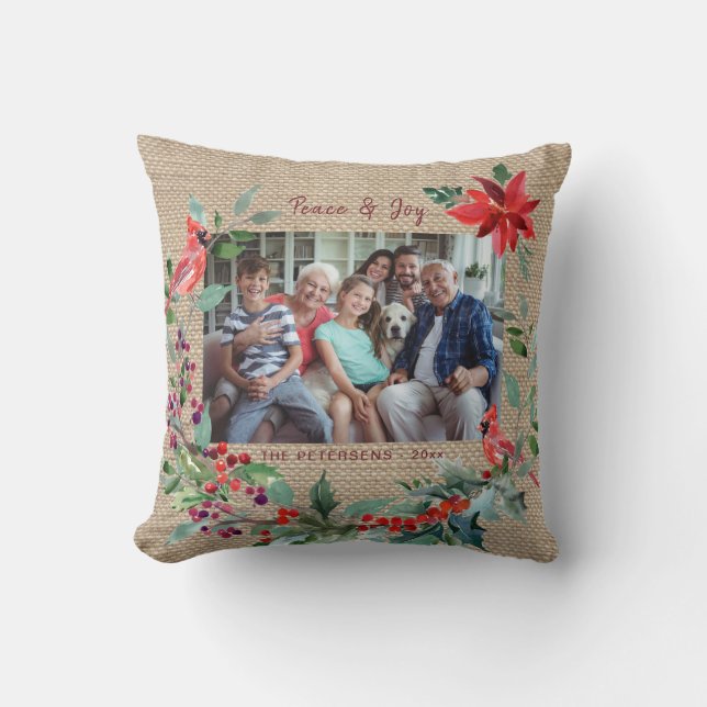 Merry Christmas rustic floral family photo burlap Cushion (Front)