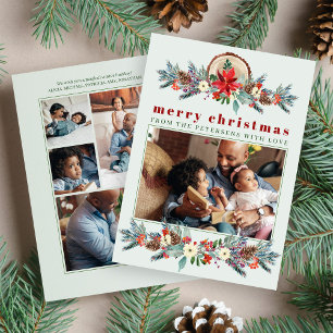 Merry Christmas rustic floral photo collage Holiday Card