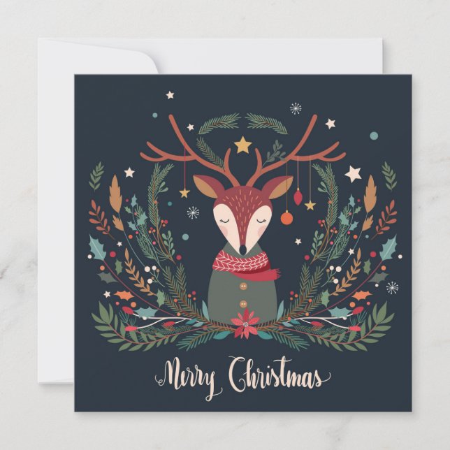 Merry Christmas Rustic Floral Reindeer Personalise Holiday Card (Front)