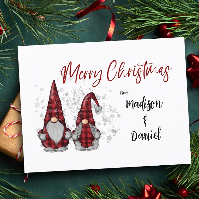 Merry Christmas Rustic Gnomes in Red Buffalo Plaid Holiday Postcard (Creator Uploaded)
