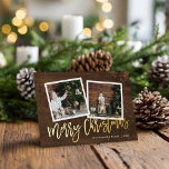 Merry Christmas Rustic Gold Script Photo Foil Holiday Card<br><div class="desc">Affordable custom printed photo greeting cards with simple templates for customisation. This rustic chic design features a 2 photo template with real gold foil script text on a wood-look background. Personalise it with your photos, family name, the year or other custom text. Reverse side has space for additional photos and...</div>