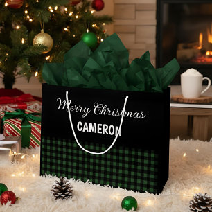 Merry Christmas Rustic Green & Black Buffalo Plaid Large Gift Bag