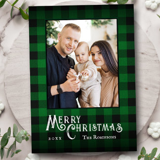 Merry Christmas Rustic Green Buffalo Plaid Photo Holiday Card