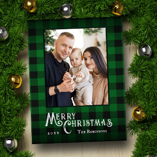 Merry Christmas Rustic Green Buffalo Plaid Photo Holiday Postcard