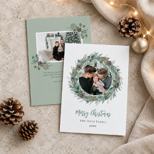 Merry Christmas Rustic Greenery Wreath Photo Holiday Card