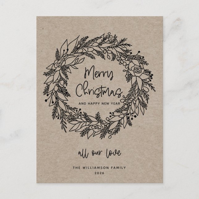Merry Christmas Rustic Holiday Wreath Kraft Card  (Front)