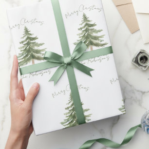 Merry Christmas Rustic Minimalist Tree Family Name Wrapping Paper