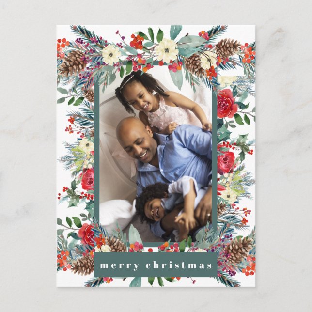 Merry Christmas rustic modern floral 4 photos Holiday Postcard (Front)