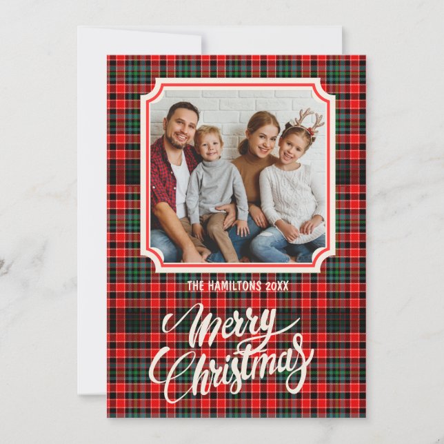 Merry Christmas Rustic Plaid Family Photo Holiday Card (Front)