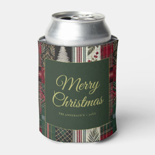 Merry Christmas Rustic Plaid Pattern Can Cooler