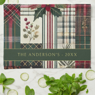 Merry Christmas Rustic Plaid Pattern Tea Towel