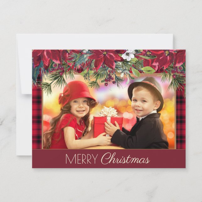 Merry Christmas Rustic Plaid Red Poinsettias Photo Holiday Card (Front)