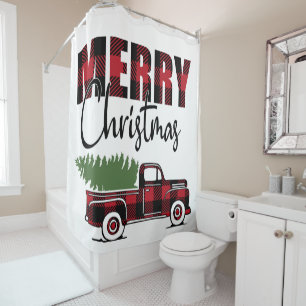 Merry Christmas Rustic Plaid Truck Shower Curtain