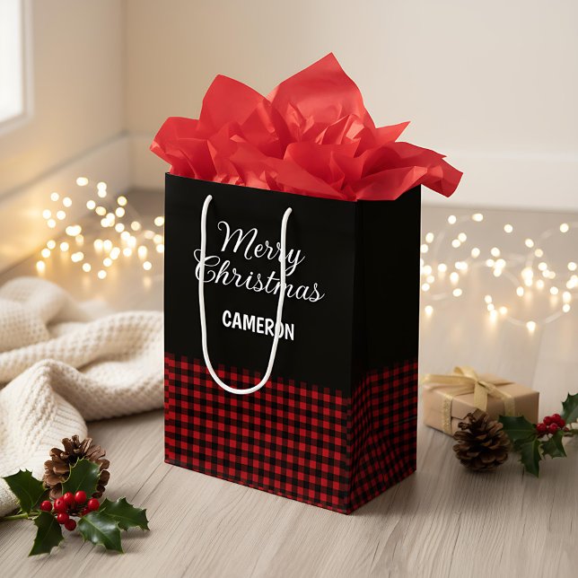 Merry Christmas Rustic Red & Black Buffalo Plaid Medium Gift Bag (Creator Uploaded)
