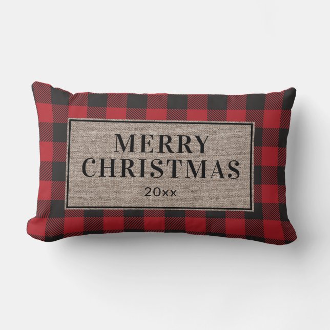 Merry Christmas Rustic Red Buffalo Plaid Burlap Lumbar Cushion (Front)