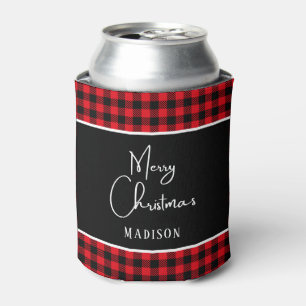 Merry Christmas rustic red buffalo plaid Can Cooler